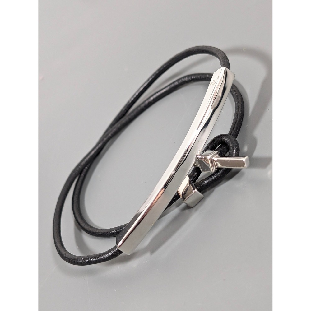 Lauren Ralph Lauren Wrap Bracelet Silver Tone Black Leather Toggle 16"